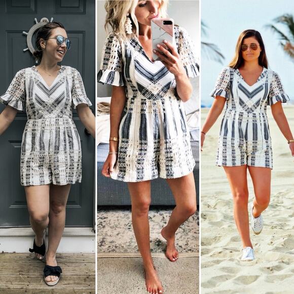 Anthropologie Ett:twa Striped Eyelet Romper Short Sleeve White Gray Blue 10 - Picture 4 of 16